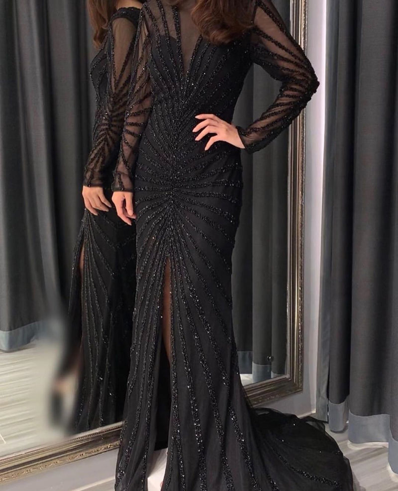 DreamyVow Luxury Black Mermaid Long Sleeve Arabic Evening Dress for Women Party Formal Dresses Front Split Dubai Graduation Prom Dress