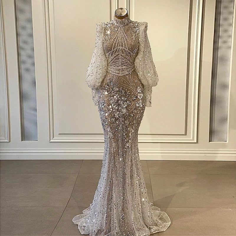 Dreamy Vow Luxury Dubai Mermaid Evening Dresses Long Sleeve Elegant High Neck Arabic Prom Formal Dress for Women Wedding Bridal Party 423