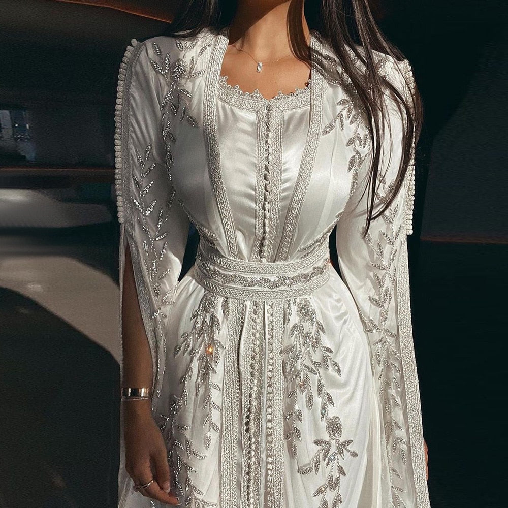 Dreamy Vow Luxury Dubai Moroccan Kaftan Ivory Evening Dresses for Women Wedding Party Elegant Long Sleeve Muslim Arabic Formal Dress 439