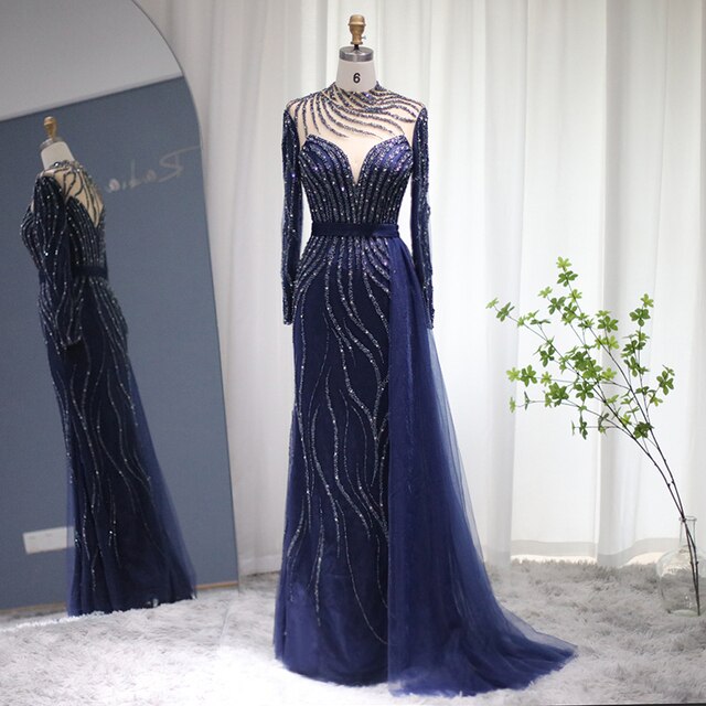 Dreamy Vow Luxury Navy Blue Mermaid Dubai Evening Dress with Detachable Skirt Long Sleeve Arabic Formal Gowns for Women Wedding Party 526