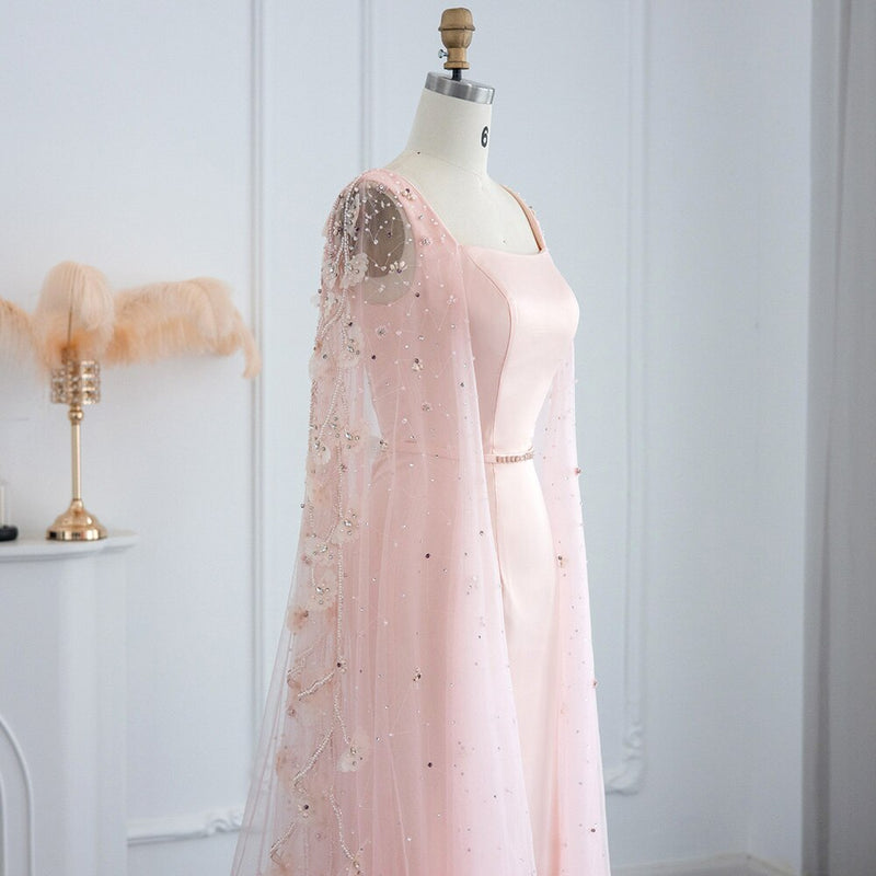 Dreamy Vow Luxury Pink 3D Flowers Mermaid Dubai Evening Dress with Cape Sleeve Crystal Arabic Elegant Women Formal Gowns for Wedding Party 493