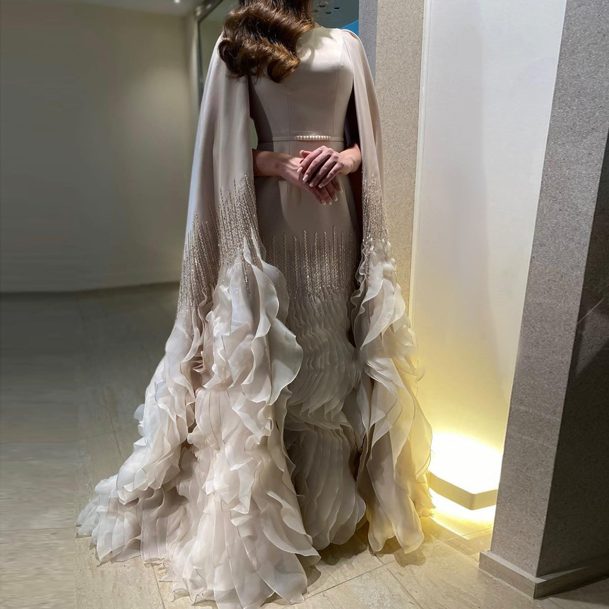 Sharon Said Luxury Dubai Mermaid Nude Evening Dresses with Cape Sleeves Tiered Ruffles Arabic Women Wedding Party Gowns SS440