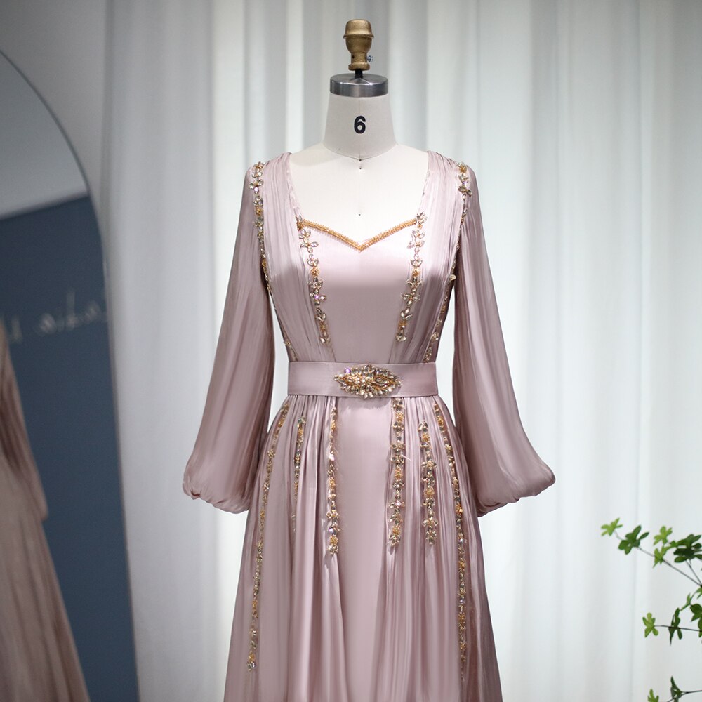 Dreamy Vow Rose Gold Moroccan Kaftan Long Sleeve Dubai Muslim Evening Dress for Women Wedding Party Arabic Engagement Formal Gowns 441