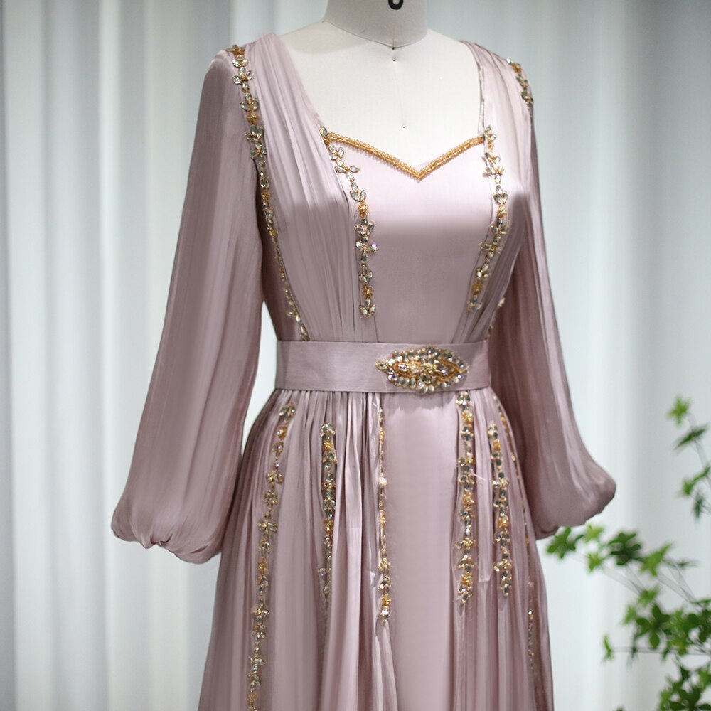 Dreamy Vow Rose Gold Moroccan Kaftan Long Sleeve Dubai Muslim Evening Dress for Women Wedding Party Arabic Engagement Formal Gowns 441