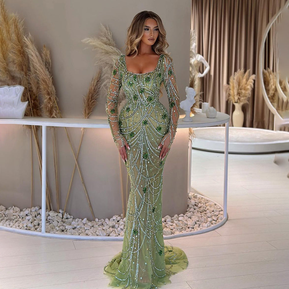 Sharon Said Luxury Dubai Green Mermaid Evening Dress Long Sleeves Square Neckline Arabic Women Wedding Party Dresses SS163