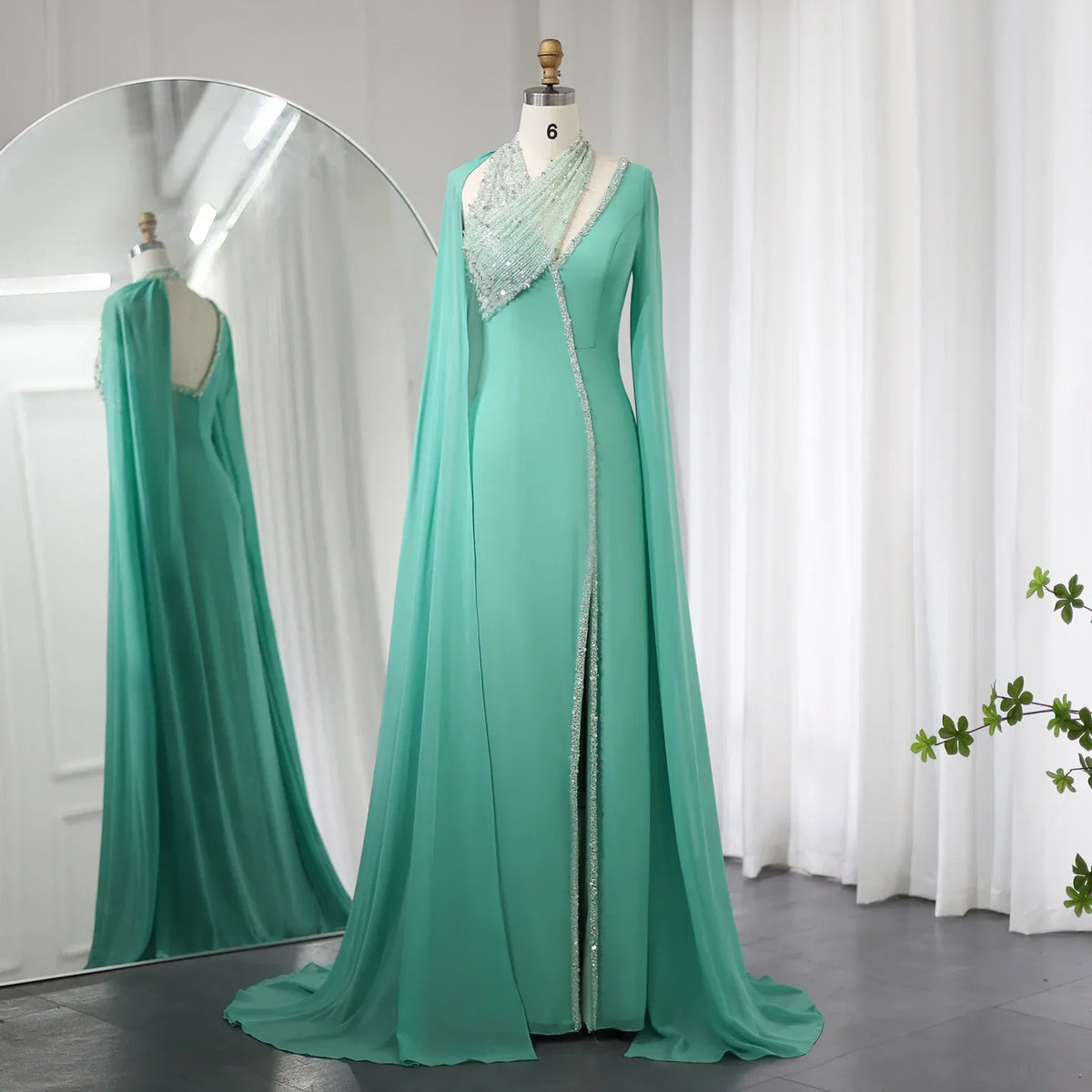 Dreamy Vow Turquoise Green Chiffon Dubai Evening Dress with Cape Sleeves Luxury Beaded Arabic Women Wedding Party Gowns 474