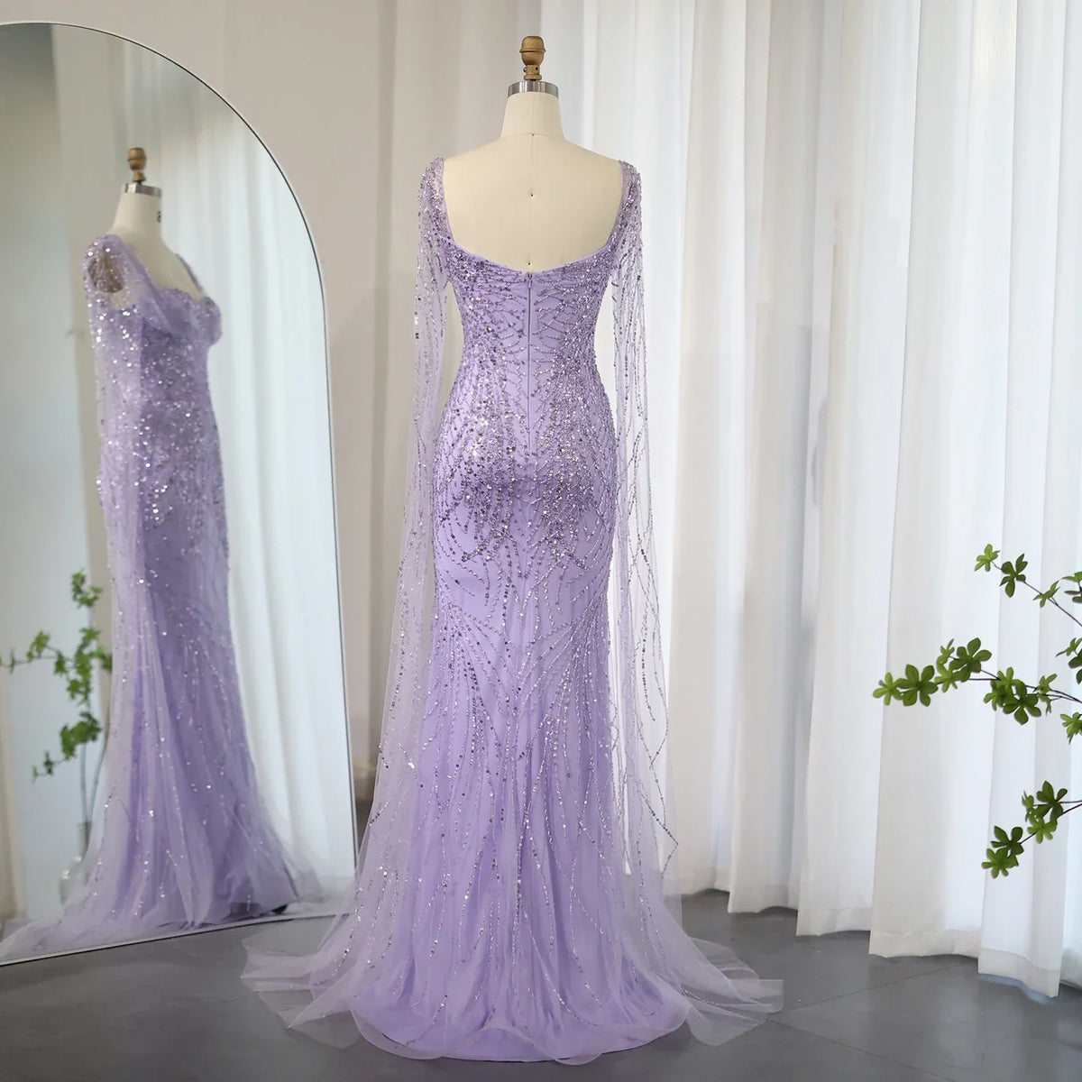 Dreamy Vow Lilac Mermaid Luxury Dubai Evening Dresses with Cape Sleeves Elegant Arabic Women Wedding Formal Party Gowns 237