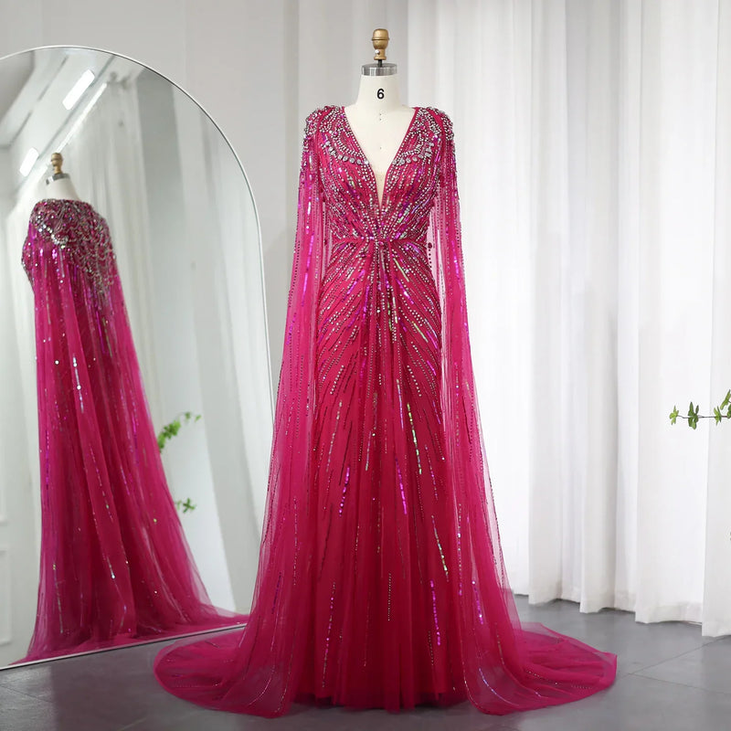 Dreamy Vow Luxury Dubai Sage Green Evening Dresses with Cape Fuchsia Crystal Gold Elegant Women Wedding Formal Party Gown 399