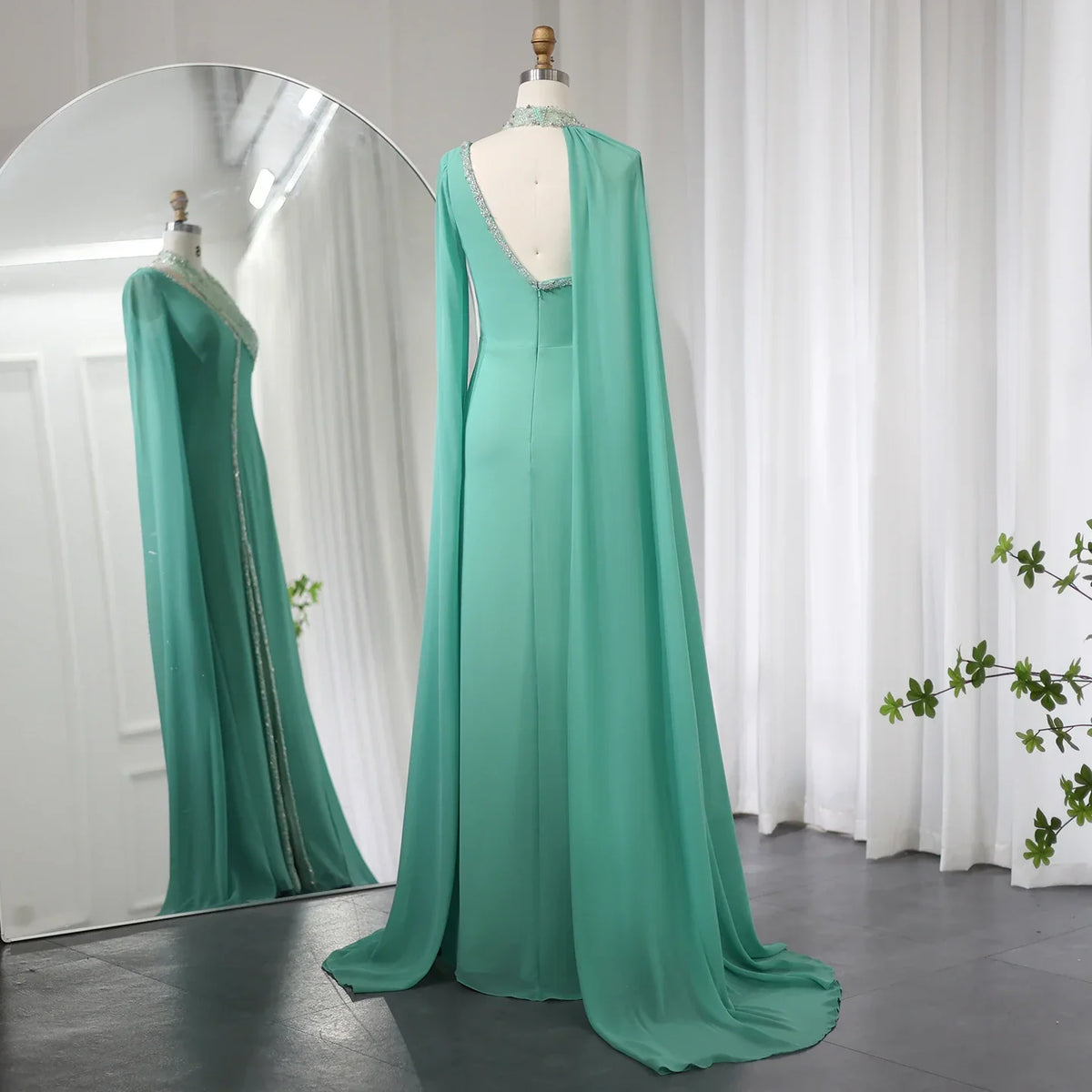 Dreamy Vow Turquoise Green Chiffon Dubai Evening Dress with Cape Sleeves Luxury Beaded Arabic Women Wedding Party Gowns 474