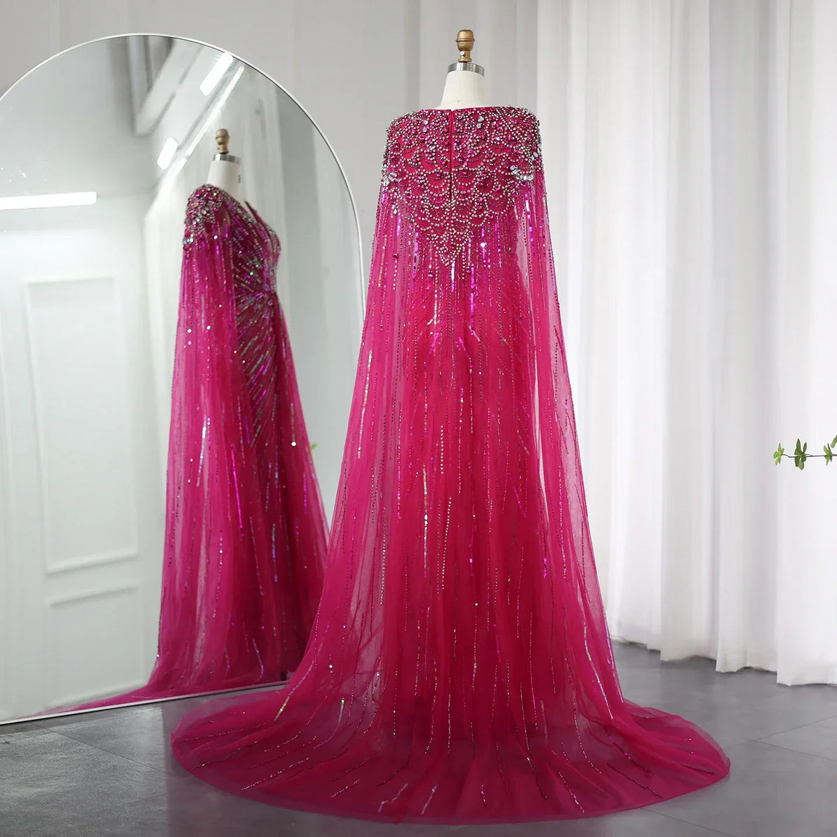 Dreamy Vow Luxury Dubai Sage Green Evening Dresses with Cape Fuchsia Crystal Gold Elegant Women Wedding Formal Party Gown 399