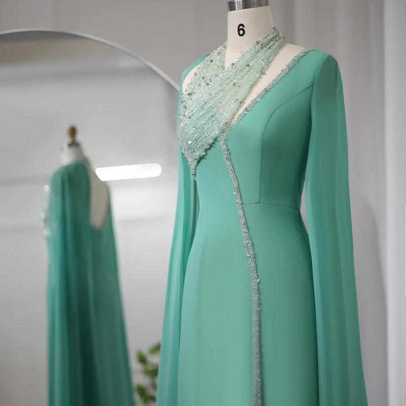 Dreamy Vow Turquoise Green Chiffon Dubai Evening Dress with Cape Sleeves Luxury Beaded Arabic Women Wedding Party Gowns 474