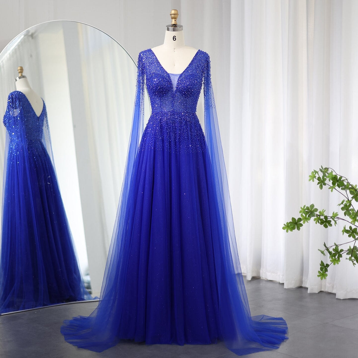 Dreamy Vow Royal Blue Luxury Dubai Evening Dress with Cape Sleeves Elegant Pink V-Neck Purple Women Wedding Party Gowns 012