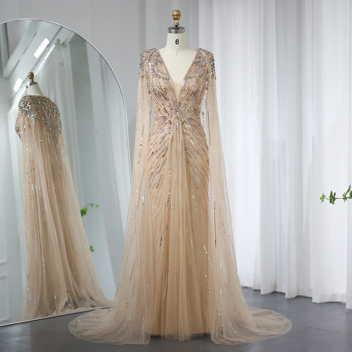 Dreamy Vow Luxury Dubai Sage Green Evening Dresses with Cape Fuchsia Crystal Gold Elegant Women Wedding Formal Party Gown 399