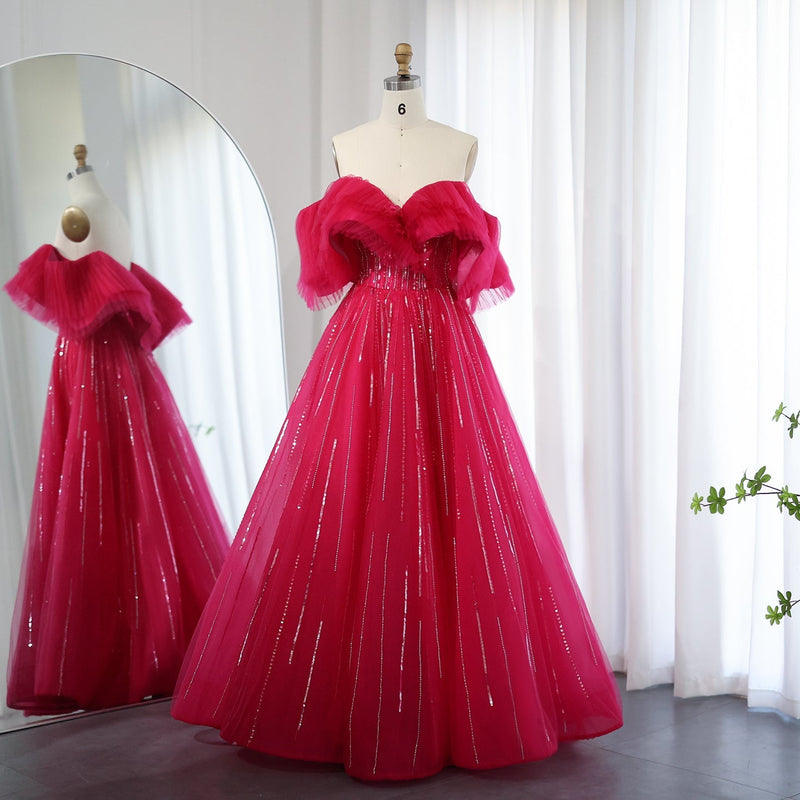 Dreamy Vow Luxury Dubai Ball Gown Fuchsia Evening Dress for Women Wedding 2023 Off Shoulder Arabic Celebrity Party Gown 390