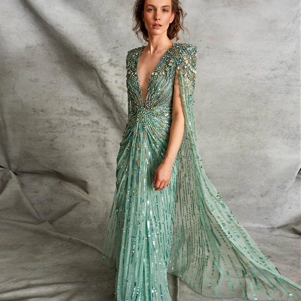 Dreamy Vow Luxury Dubai Sage Green Evening Dresses with Cape Fuchsia Crystal Gold Elegant Women Wedding Formal Party Gown 399