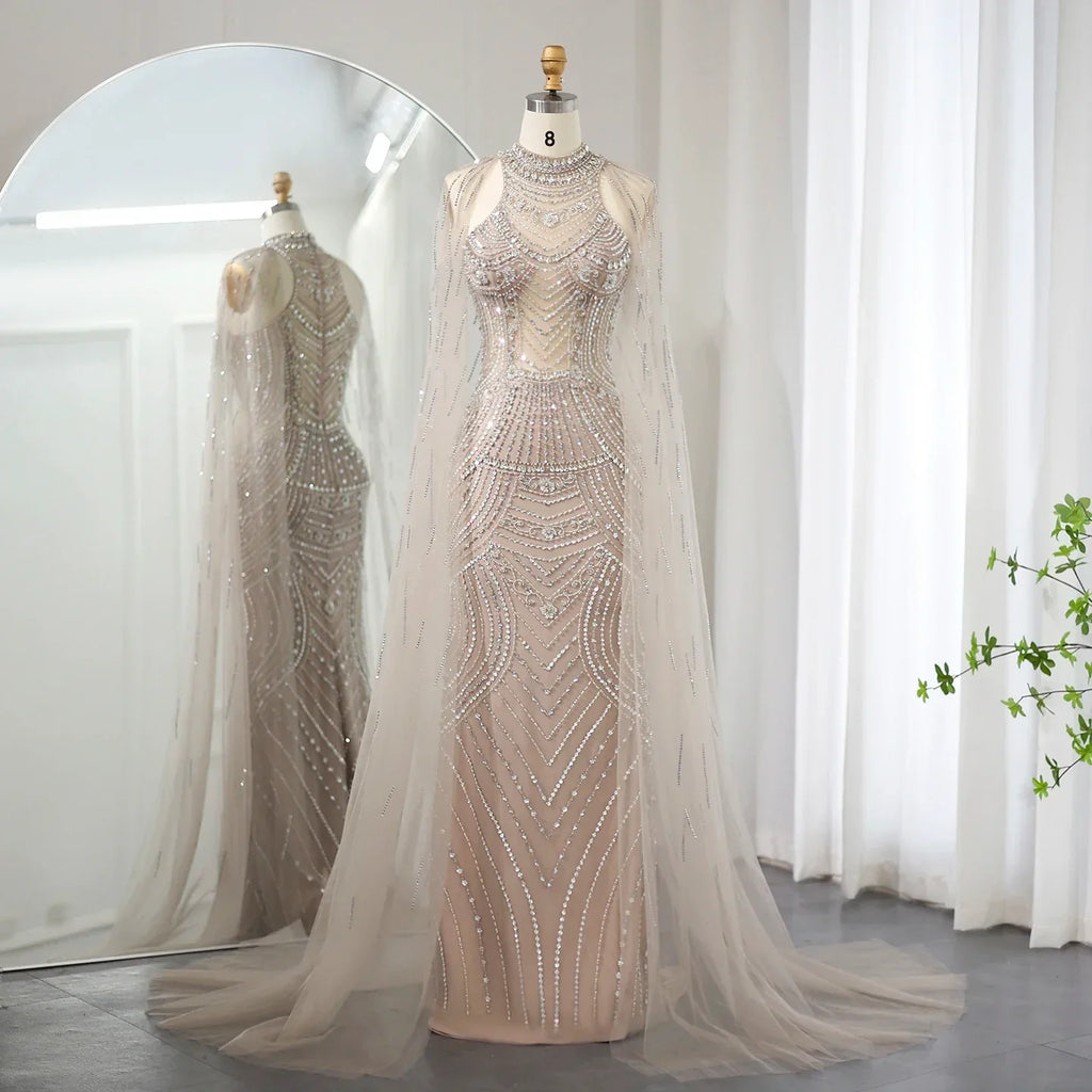 Sharon Said Luxury Dubai Champagne Mermaid Evening Dresses with Cape S