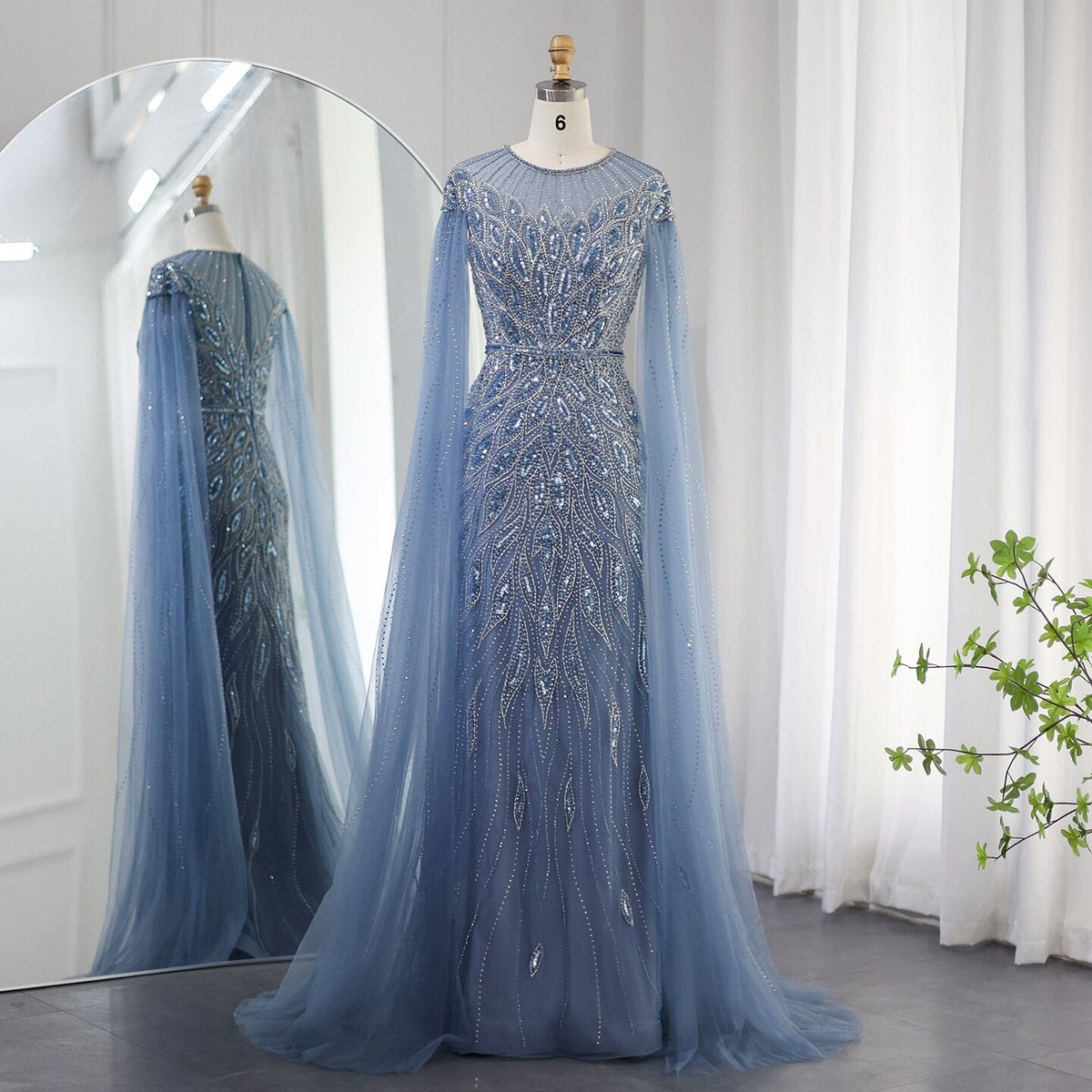 Dreamy Vow Luxury Arabic Blue Mermaid Evening Dress with Cape Sleeves Sage Green Gold Dubai Women Wedding Party Gowns 009