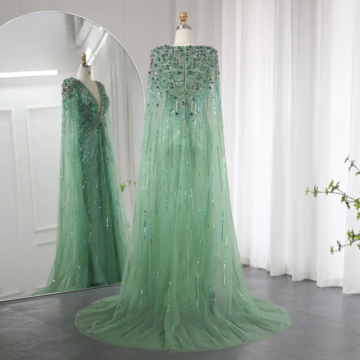 Dreamy Vow Luxury Dubai Sage Green Evening Dresses with Cape Fuchsia Crystal Gold Elegant Women Wedding Formal Party Gown 399