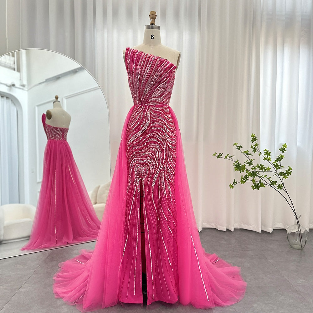 DreamyVow 2023 Luxury Dubai Fuchsia Evening Dress with Overskirt Scalloped High Slit Arabic Women Wedding Party Gowns 372