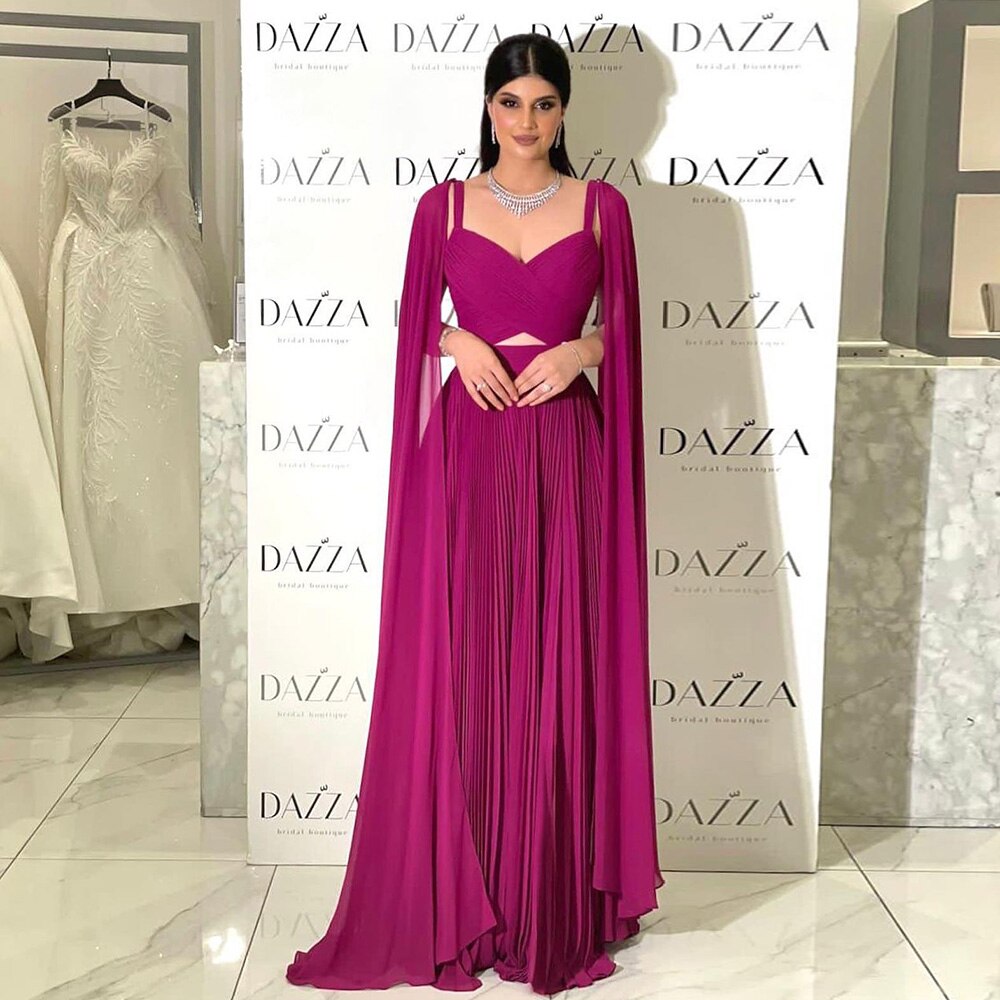 Dreamy Vow Arabic Fuchsia Chiffon Dubai Evening Dresses with Cape Sleeves Elegant Yellow Women Wedding Party Formal Gowns F090