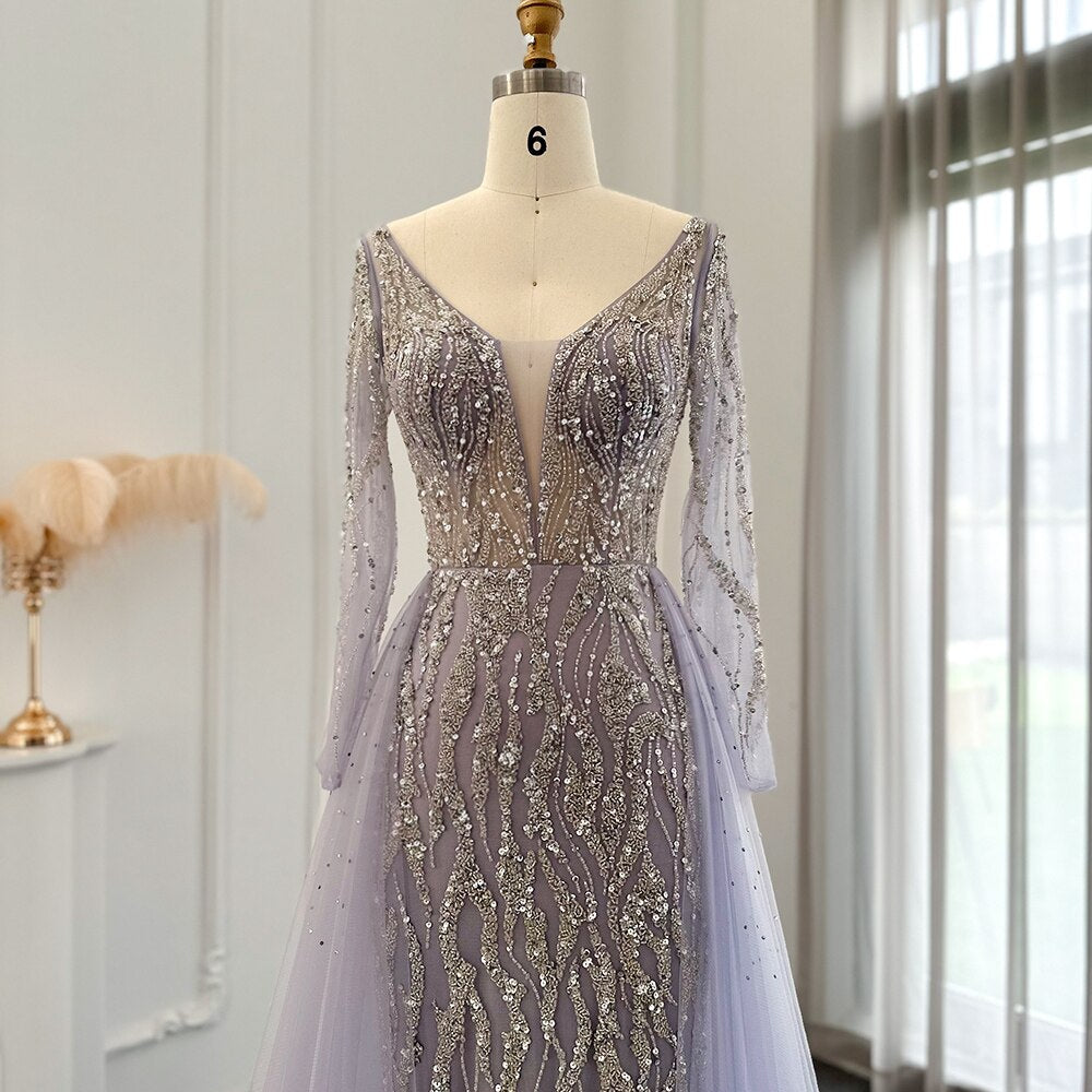 Dreamy Vow Arabic Lilac Mermaid Overskirt Evening Dresses 2023 Luxury Dubai Long Sleeves Women Wedding Guest Party Gowns 234