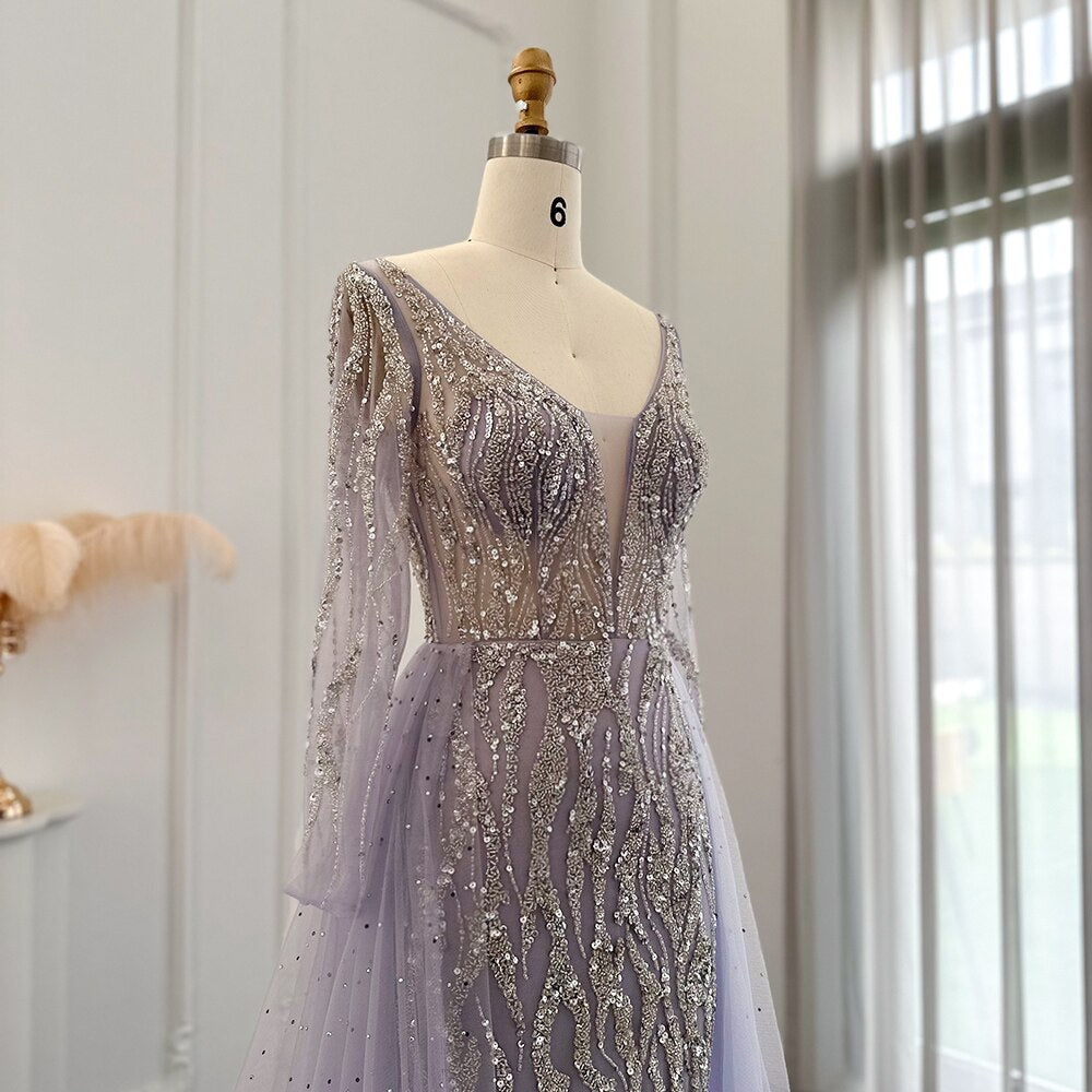 Dreamy Vow Arabic Lilac Mermaid Overskirt Evening Dresses 2023 Luxury Dubai Long Sleeves Women Wedding Guest Party Gowns 234