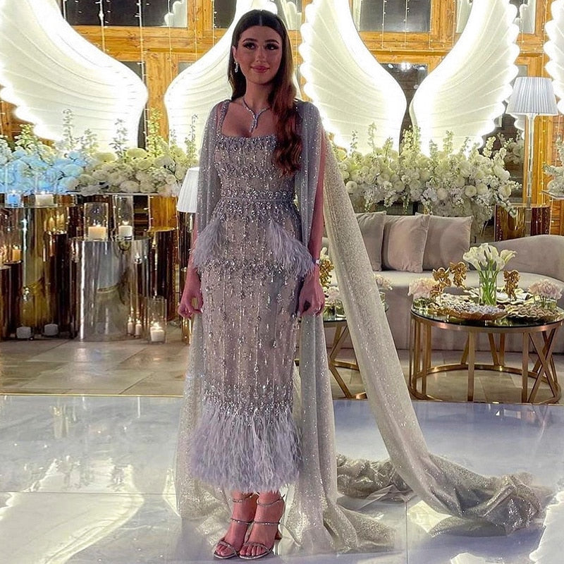 Dreamy Vow Bling Gray Mermaid Arabic Evening Dress with Cape Luxury Feather Dubai Formal Dresses for Women Wedding Party 279