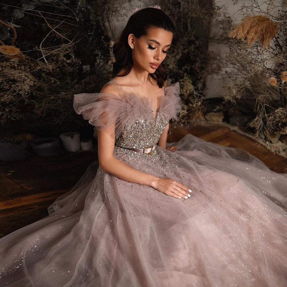 Dreamy Vow Bling Pink Luxury Dubai Evening Dresses with Belt Elegant Off Shoulder Blue Arabic Women Wedding Party Gowns 375