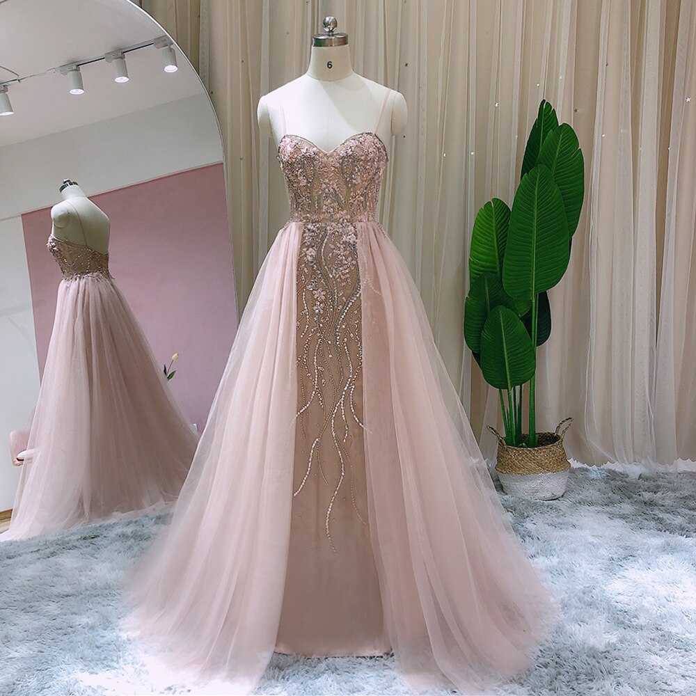 Dreamy Vow Blush Pink Dubai Evening Dresses with Overskirt Spaghetti Straps Sexy Long Luxury Wedding Party Prom Dress 266