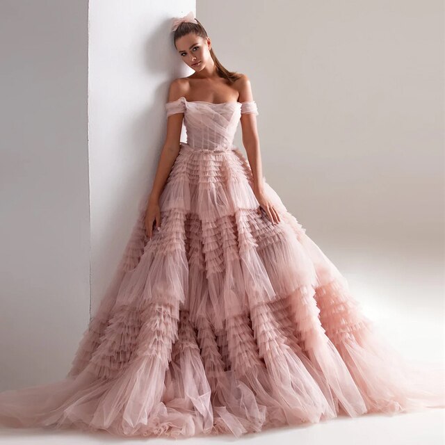 Dreamy Vow Blush Pink Off Shoulder Ruffles Evening Dress for Women Wedding Elegant Tiered Ball Gown Prom Party Desses 087