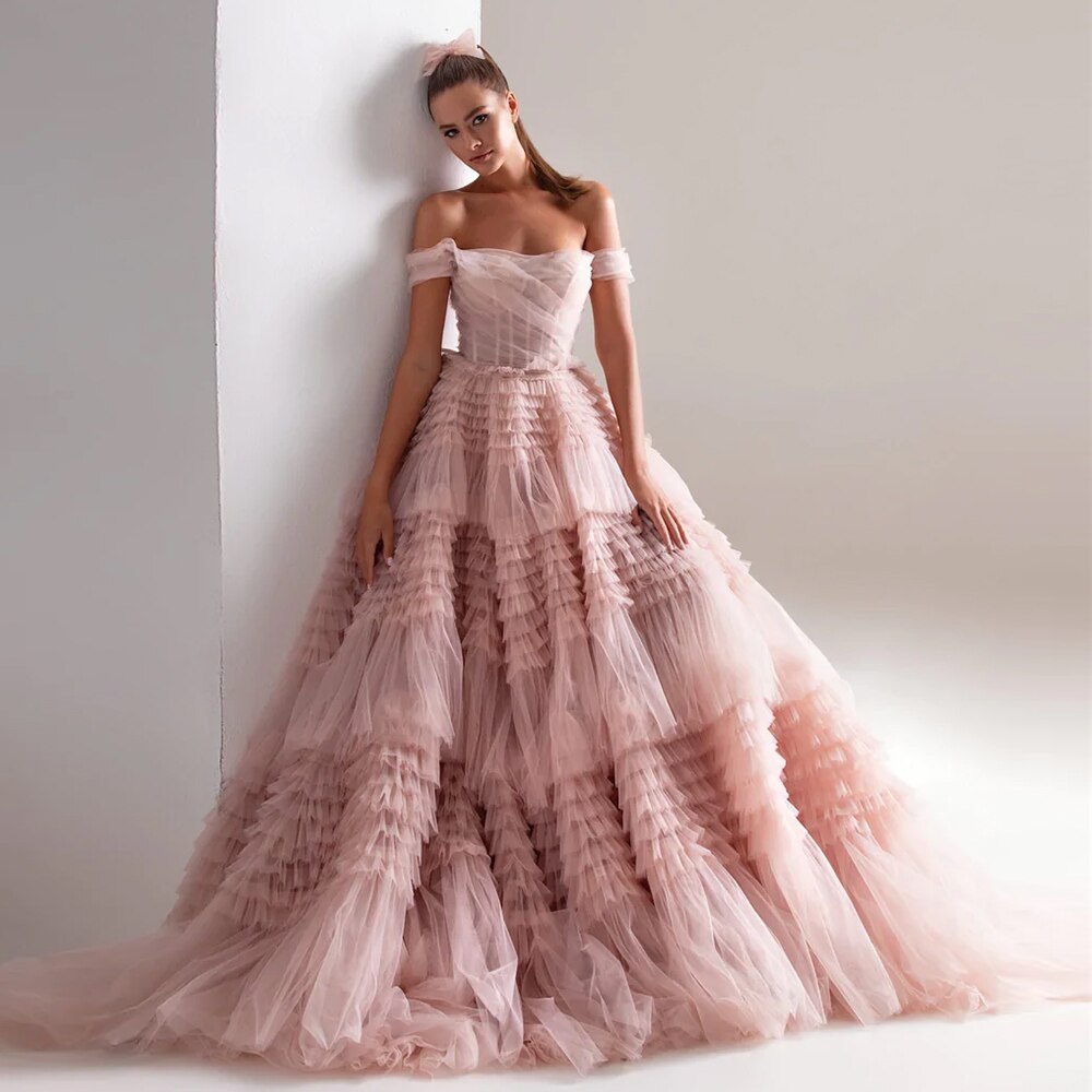 Dreamy Vow Blush Pink Off Shoulder Ruffles Evening Dress for Women Wedding Elegant Tiered Ball Gown Prom Party Desses 087