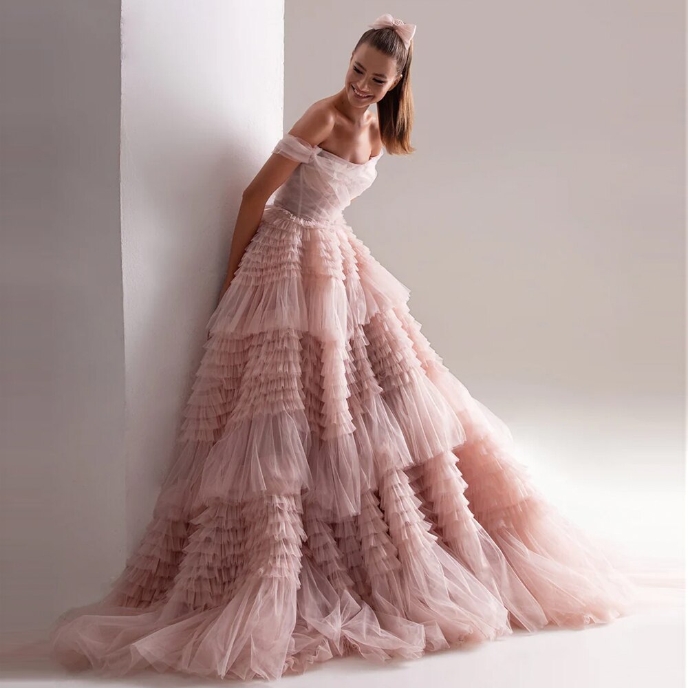 Dreamy Vow Blush Pink Off Shoulder Ruffles Evening Dress for Women Wedding Elegant Tiered Ball Gown Prom Party Desses 087