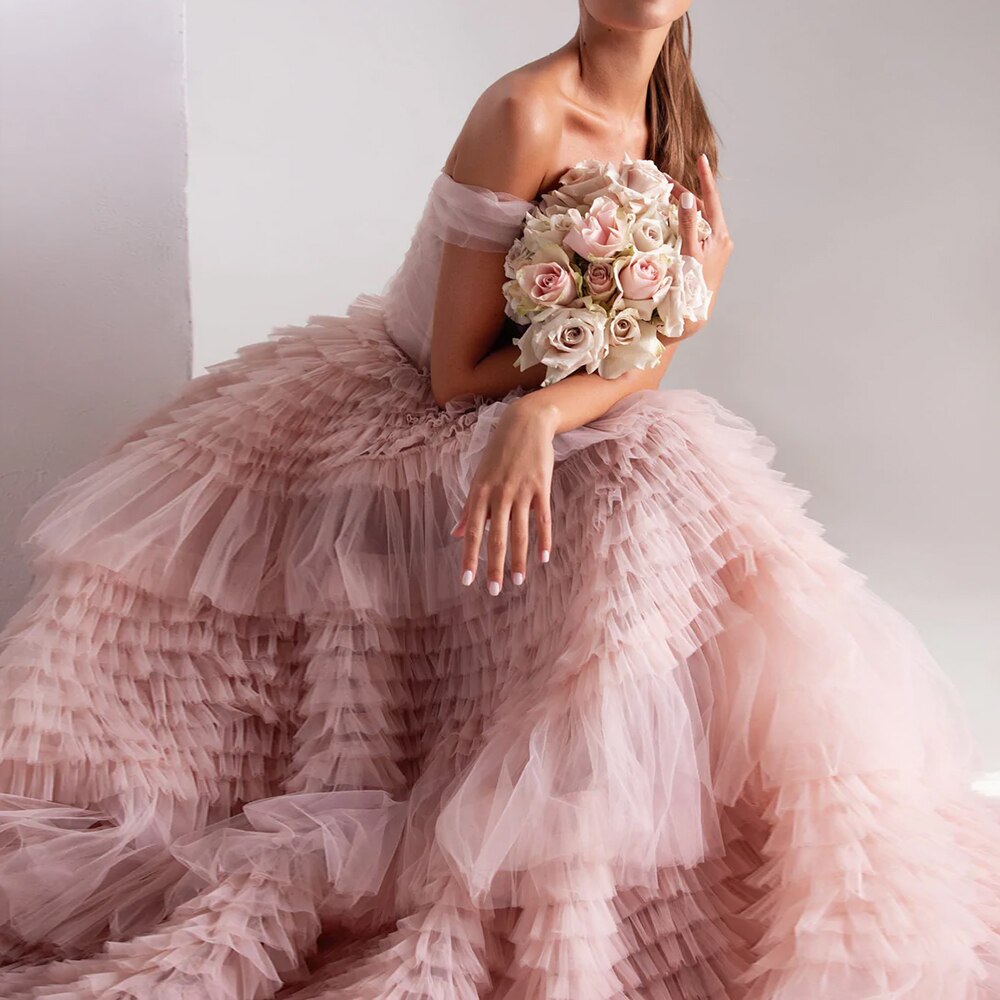 Dreamy Vow Blush Pink Off Shoulder Ruffles Evening Dress for Women Wedding Elegant Tiered Ball Gown Prom Party Desses 087