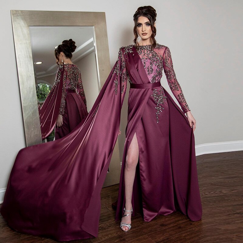 Dreamy Vow Burgundy Long Arabic Evening Dresses with Cape Sleeve Luxury Dubai Muslim Formal Dress for Women Wedding Party 276