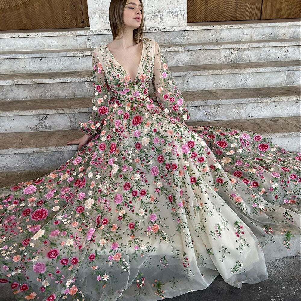 Dreamy Vow Champagne Embroidery Long Evening Dresses 2023 Garden Floral Tulle A-line Formal Prom Dress for Women Wedding Party 231