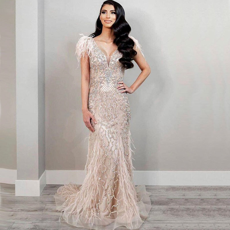 Dreamy Vow Champagne Mermaid Feathers Evening Dress Luxury Dubai Prom Dresses Arabic Women Elegant Wedding Formal Party Gowns