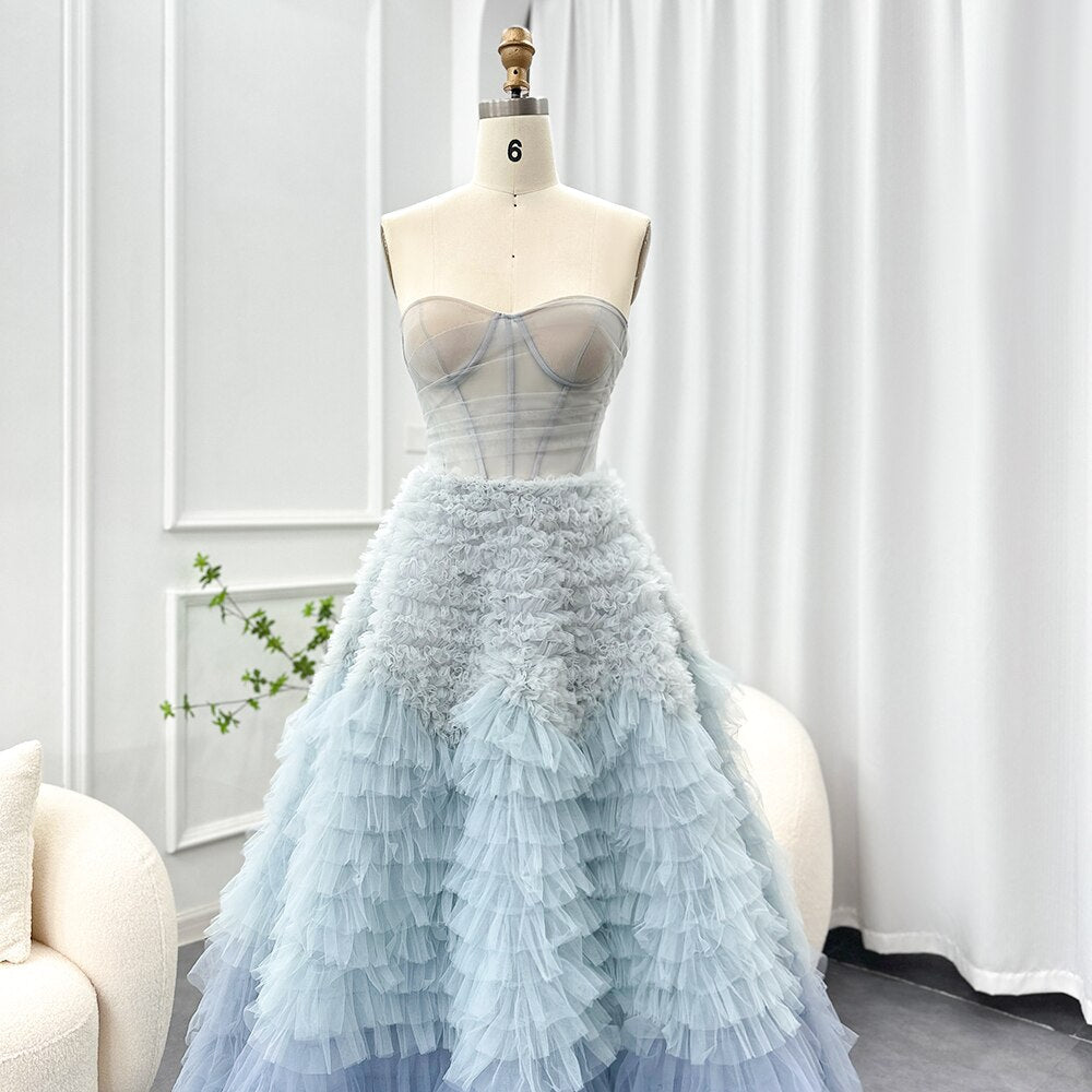 DreamyVow Chic Blue Ombre Tiered Ruffles Evening Dresses 2023 Luxury Dubai Ball Gown Prom Dress for Women Wedding Party 086