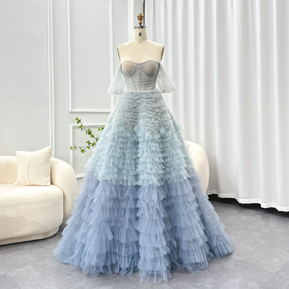 DreamyVow Chic Blue Ombre Tiered Ruffles Evening Dresses 2023 Luxury Dubai Ball Gown Prom Dress for Women Wedding Party 086