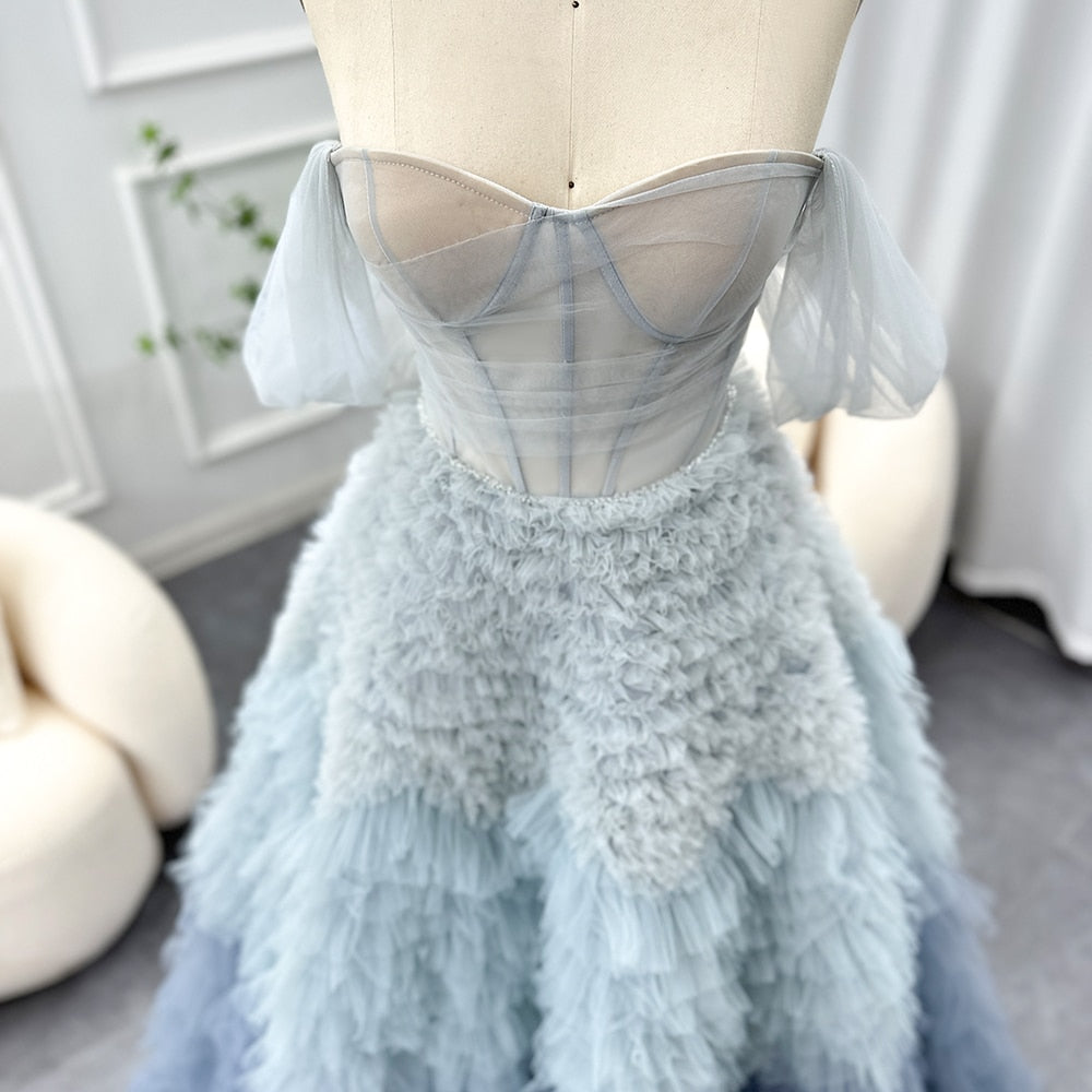 DreamyVow Chic Blue Ombre Tiered Ruffles Evening Dresses 2023 Luxury Dubai Ball Gown Prom Dress for Women Wedding Party 086