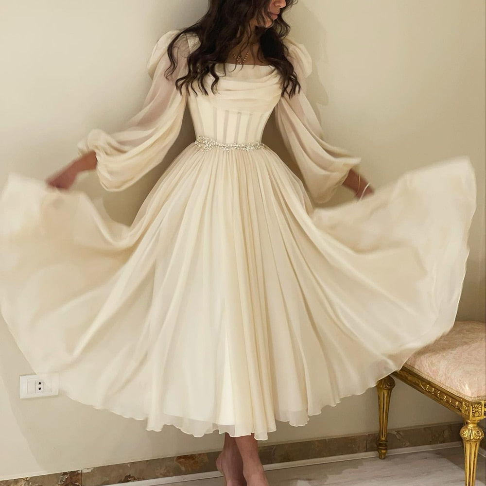 Dreamy Vow Dubai Beige Short Midi Arabic Evening Dress with Belt Long Sleeves Tea Length Women Formal Wedding Party Gowns 393