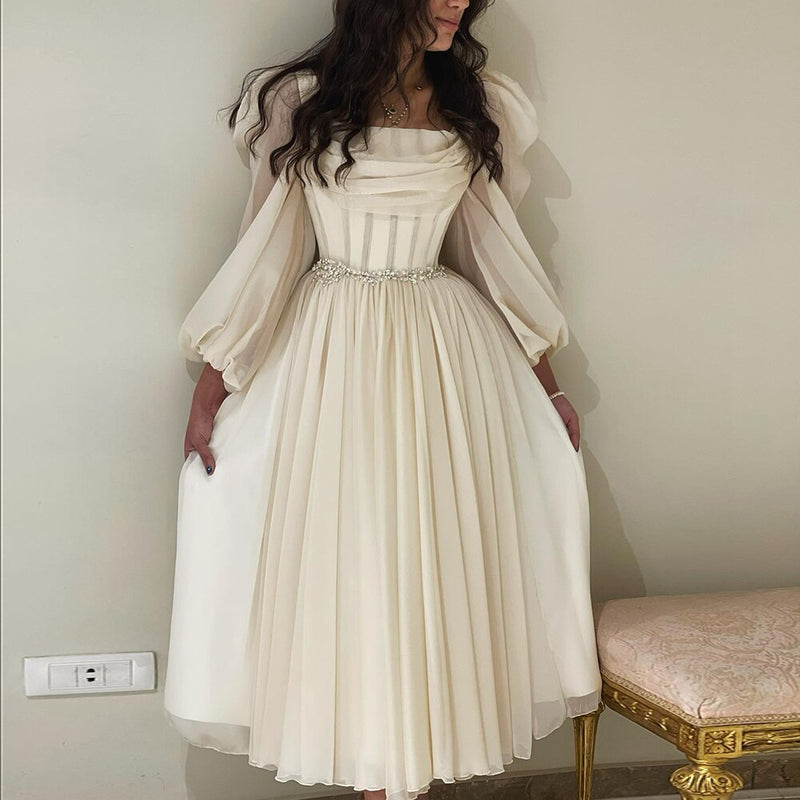 Dreamy Vow Dubai Beige Short Midi Arabic Evening Dress with Belt Long Sleeves Tea Length Women Formal Wedding Party Gowns 393