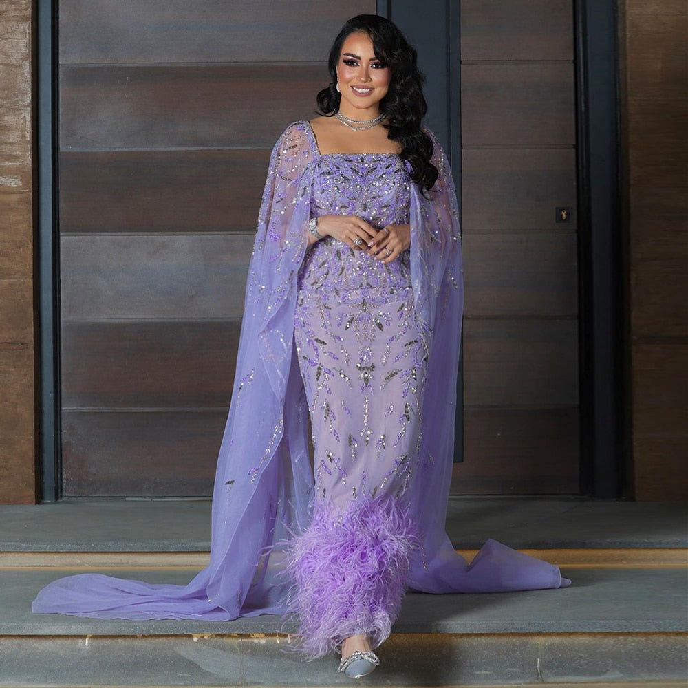 Dreamy Vow Dubai Luxury Feathers Lilac Evening Dress with Cape Sleeves Ankle Length Midi Arabic Women Wedding Party Gowns 381