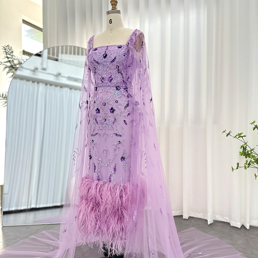 Dreamy Vow Dubai Luxury Feathers Lilac Evening Dress with Cape Sleeves Ankle Length Midi Arabic Women Wedding Party Gowns 381