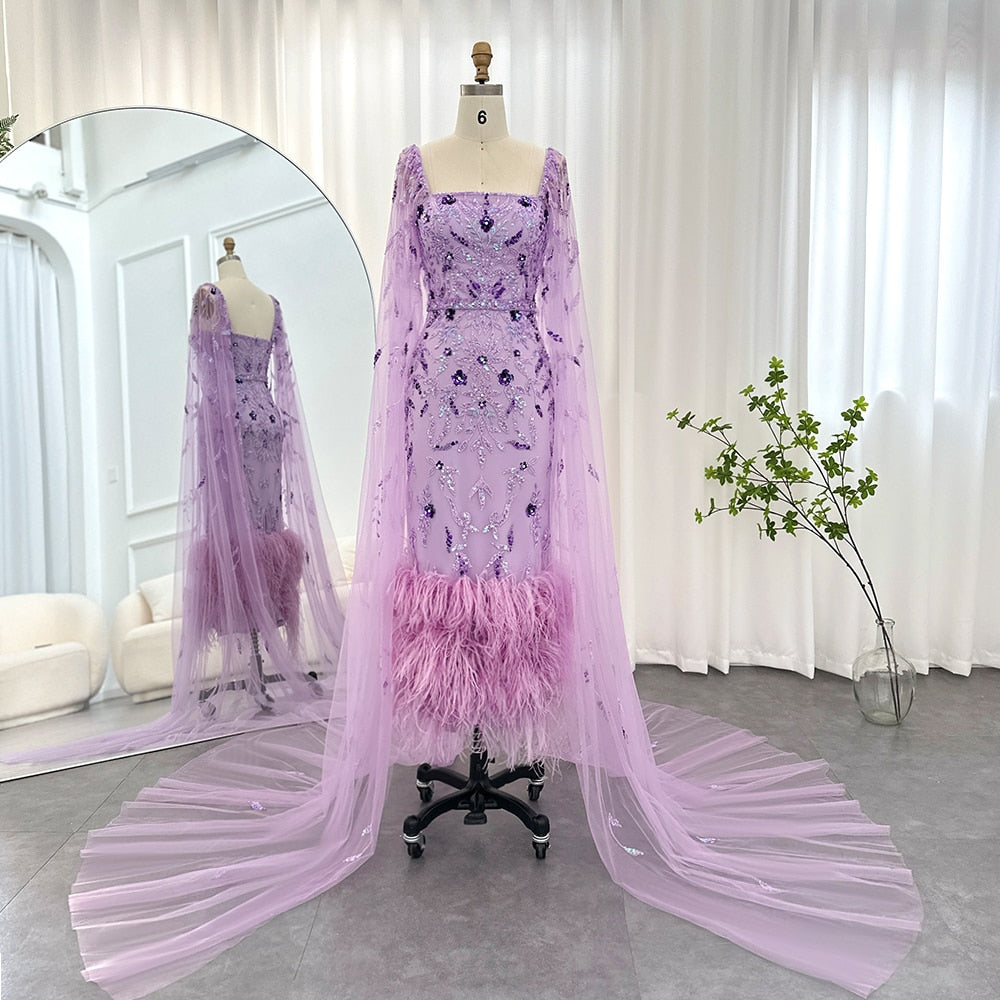 Dreamy Vow Dubai Luxury Feathers Lilac Evening Dress with Cape Sleeves Ankle Length Midi Arabic Women Wedding Party Gowns 381