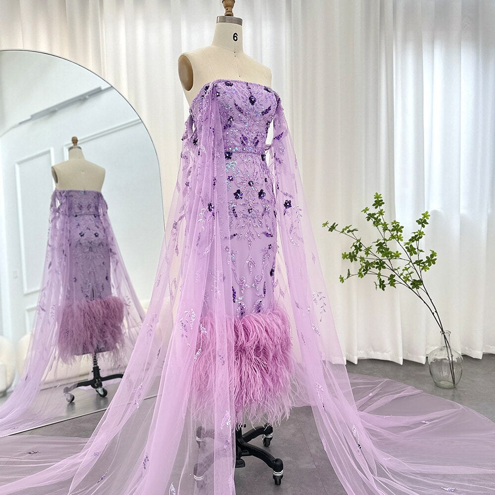 Dreamy Vow Dubai Luxury Feathers Lilac Evening Dress with Cape Sleeves Ankle Length Midi Arabic Women Wedding Party Gowns 381