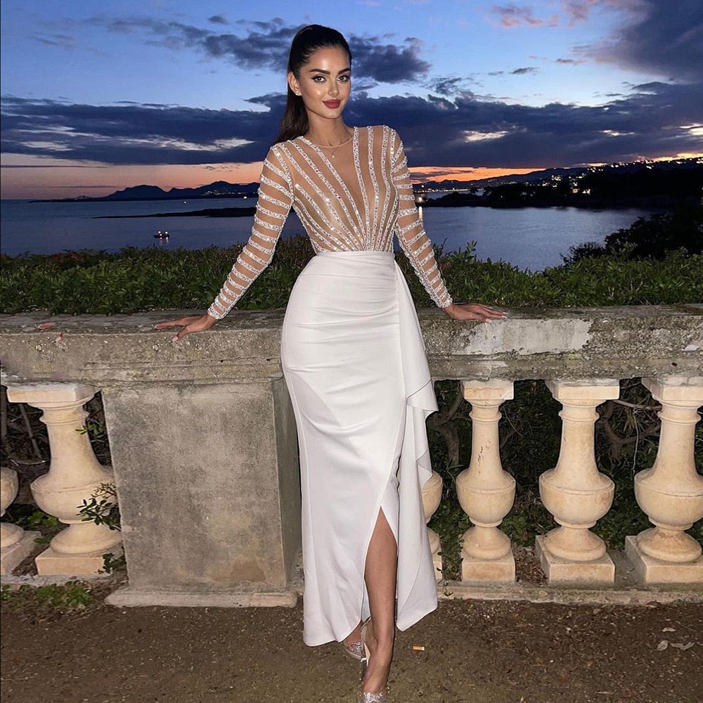 Dreamy Vow Dubai White Mermaid Arabic Evening Dress Long Sleeve Luxury Women for Wedding Party Midi Prom Formal Dresses 270