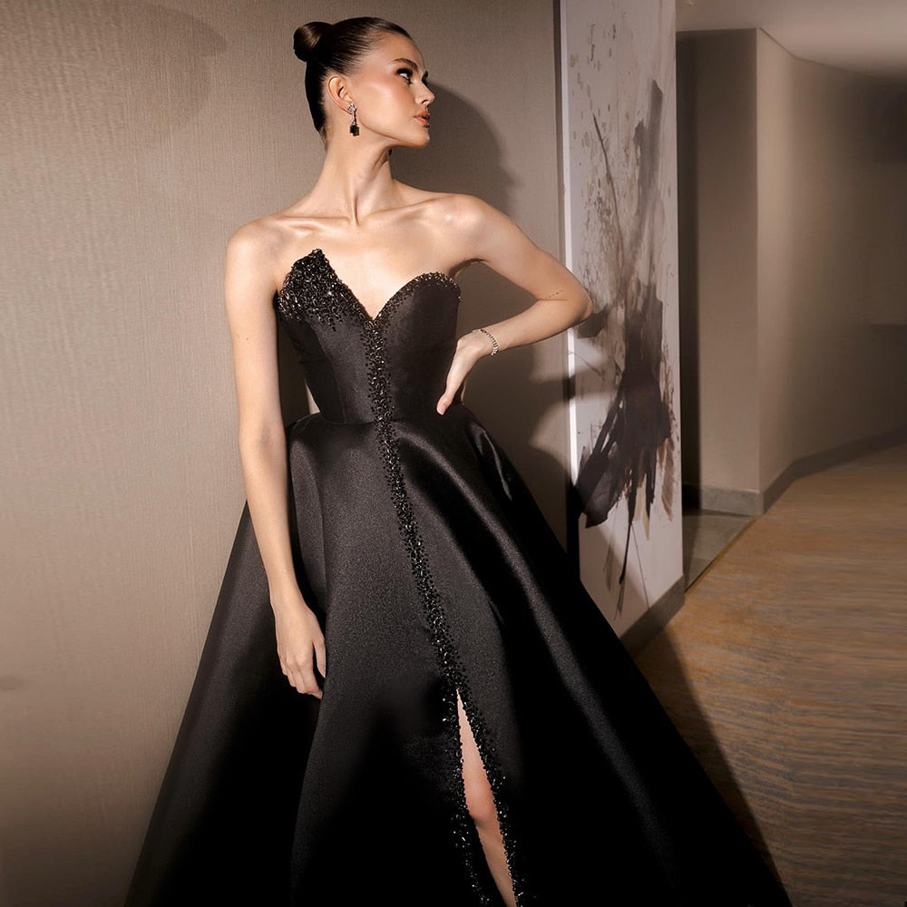 Dreamy Vow Elegant Black Long Arabic Evening Dresses 2023 Luxury Dubai Crystal Orange Side Slit Women Wedding Party Gowns SS364