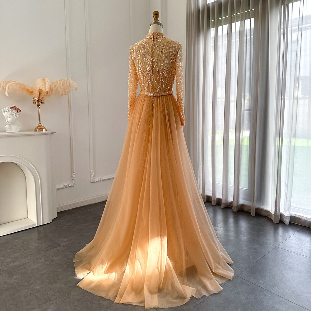 Dreamy Vow Elegant Gold Mermaid Arabic Evening Dress with Overskirt Long Sleeves Luxury Muslim Wedding Formal Party Gown 271