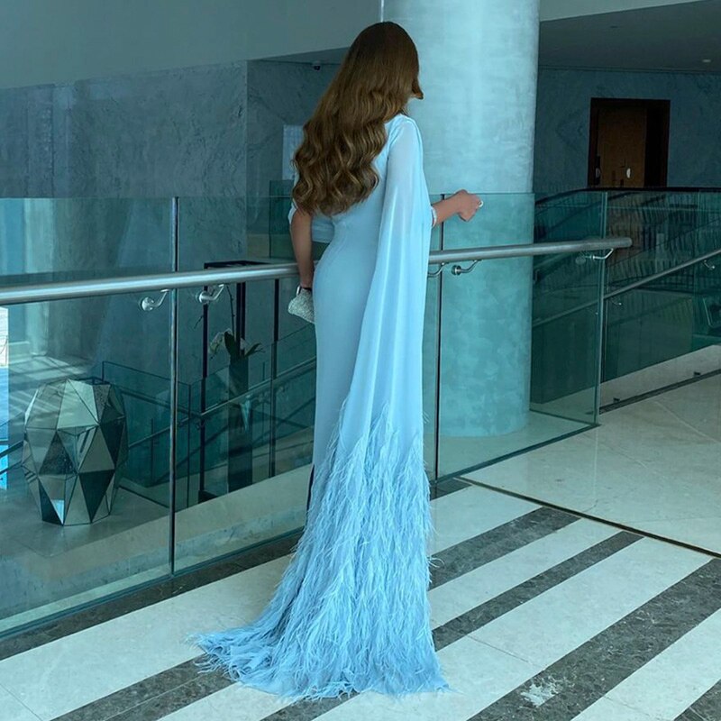 Dreamy Vow Elegant Light Blue Arabic Evening Dresses with Feathers Cape Luxury Dubai Formal Party Dress for Women Wedding 312