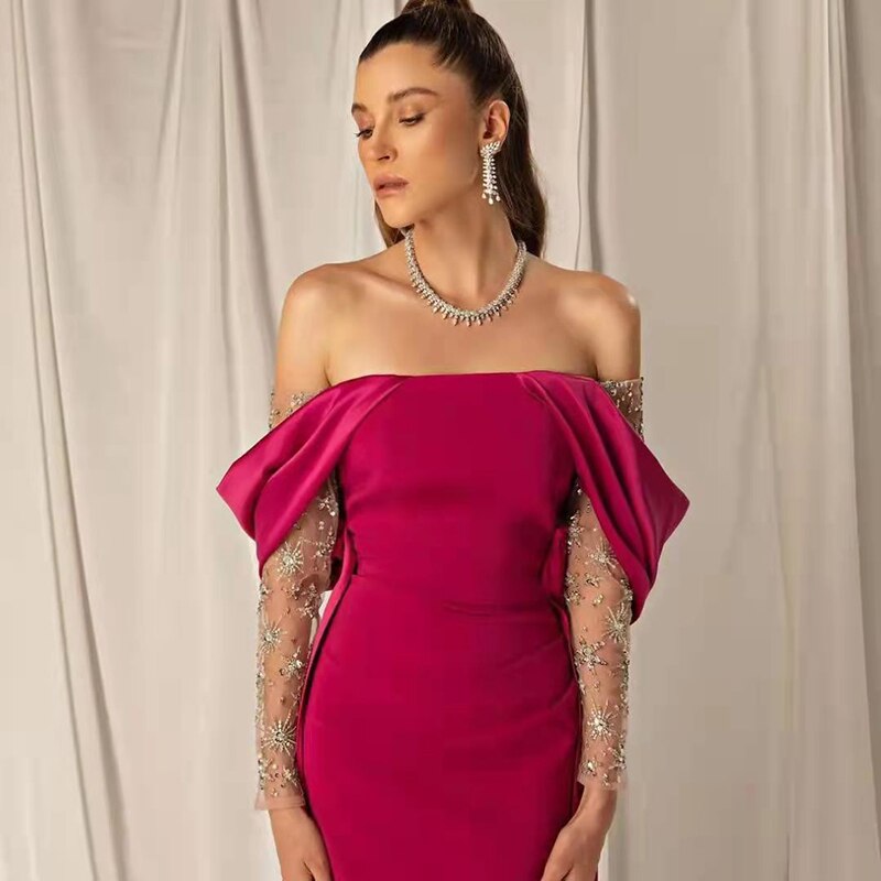 Dreamy Vow Elegant Off Shoulder Fuchsia Evening Party Dress for Women Wedding Arabic Beaded Long Sleeve Formal Prom Gowns 332